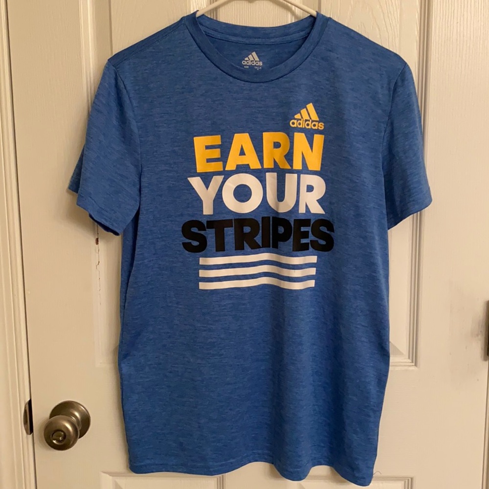 adidas Blue Short Sleeve Polyester Tee Earn Your Stripes Moisture-Wicking 14-16